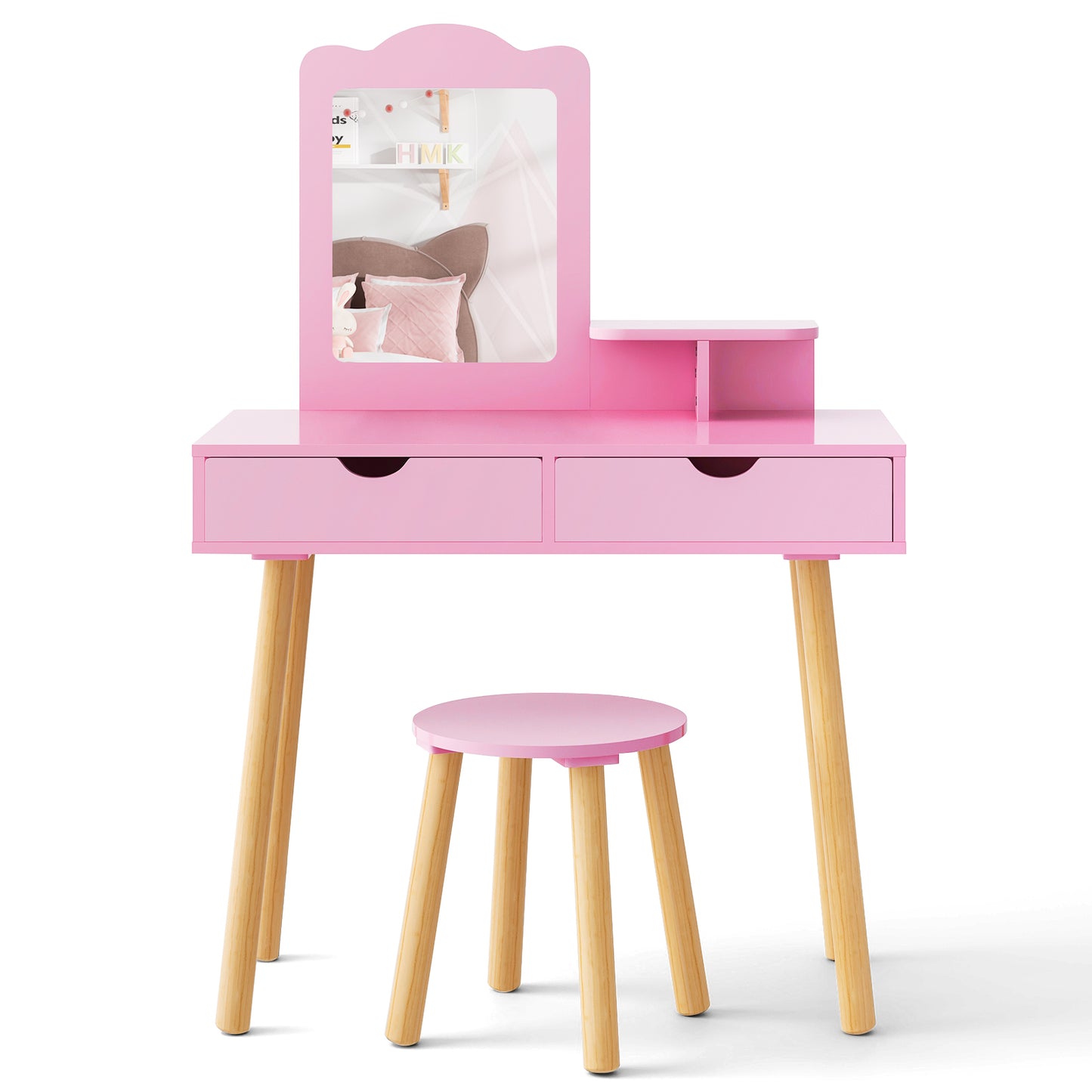 Kids Vanity Table and Chair Set with Mirror and Drawers