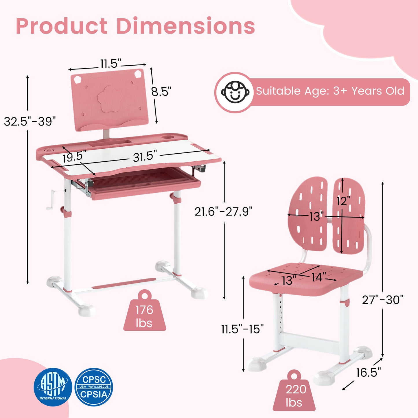 Kids Study Desk and Chair Set with Adjustable Height