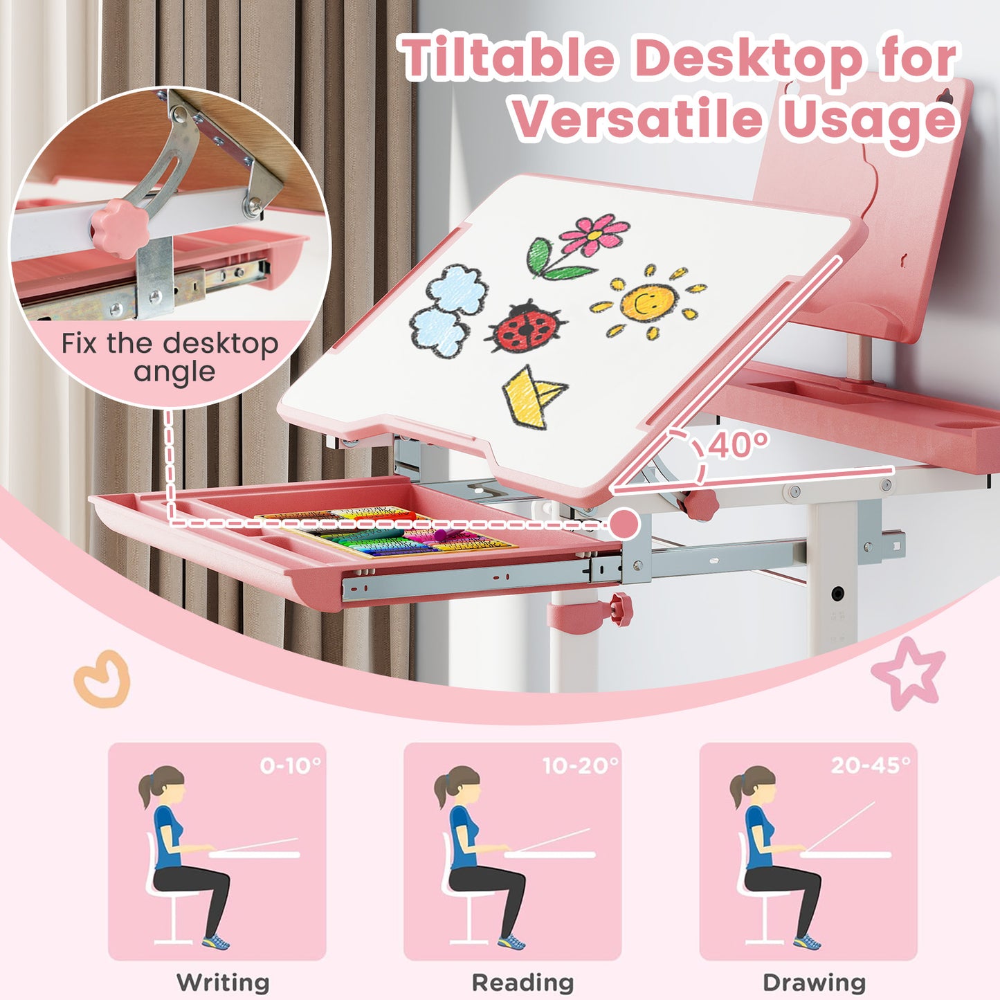 Kids Study Desk and Chair Set with Adjustable Height