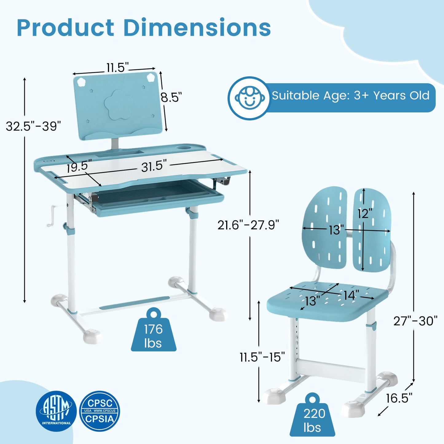 Kids Study Desk and Chair Set with Adjustable Height