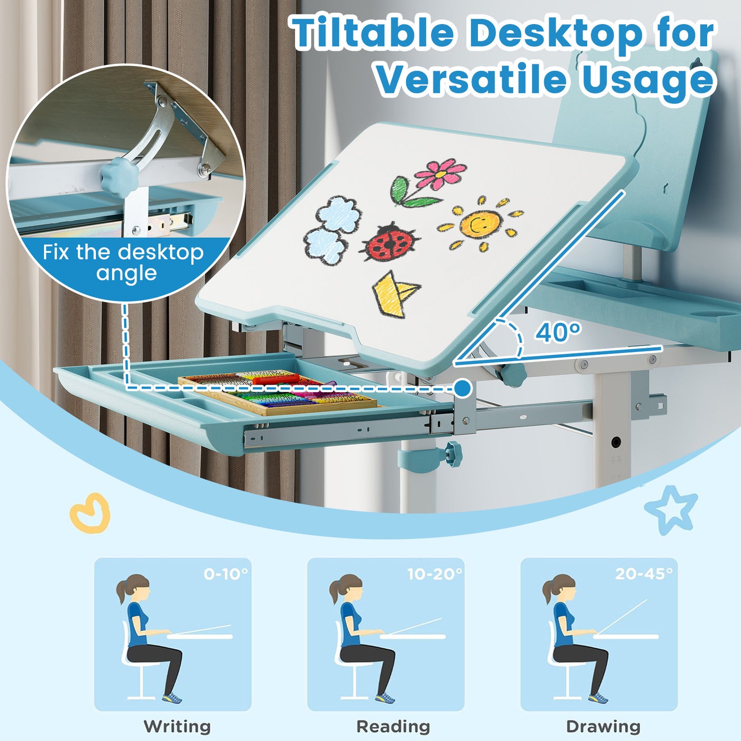 Kids Study Desk and Chair Set with Adjustable Height