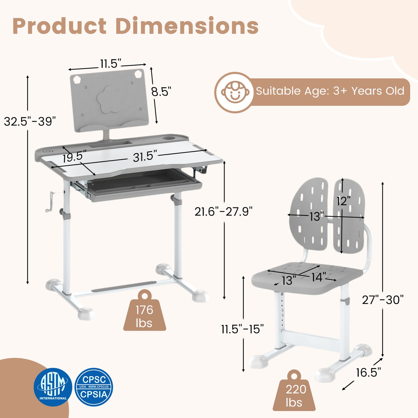 Kids Study Desk and Chair Set with Adjustable Height