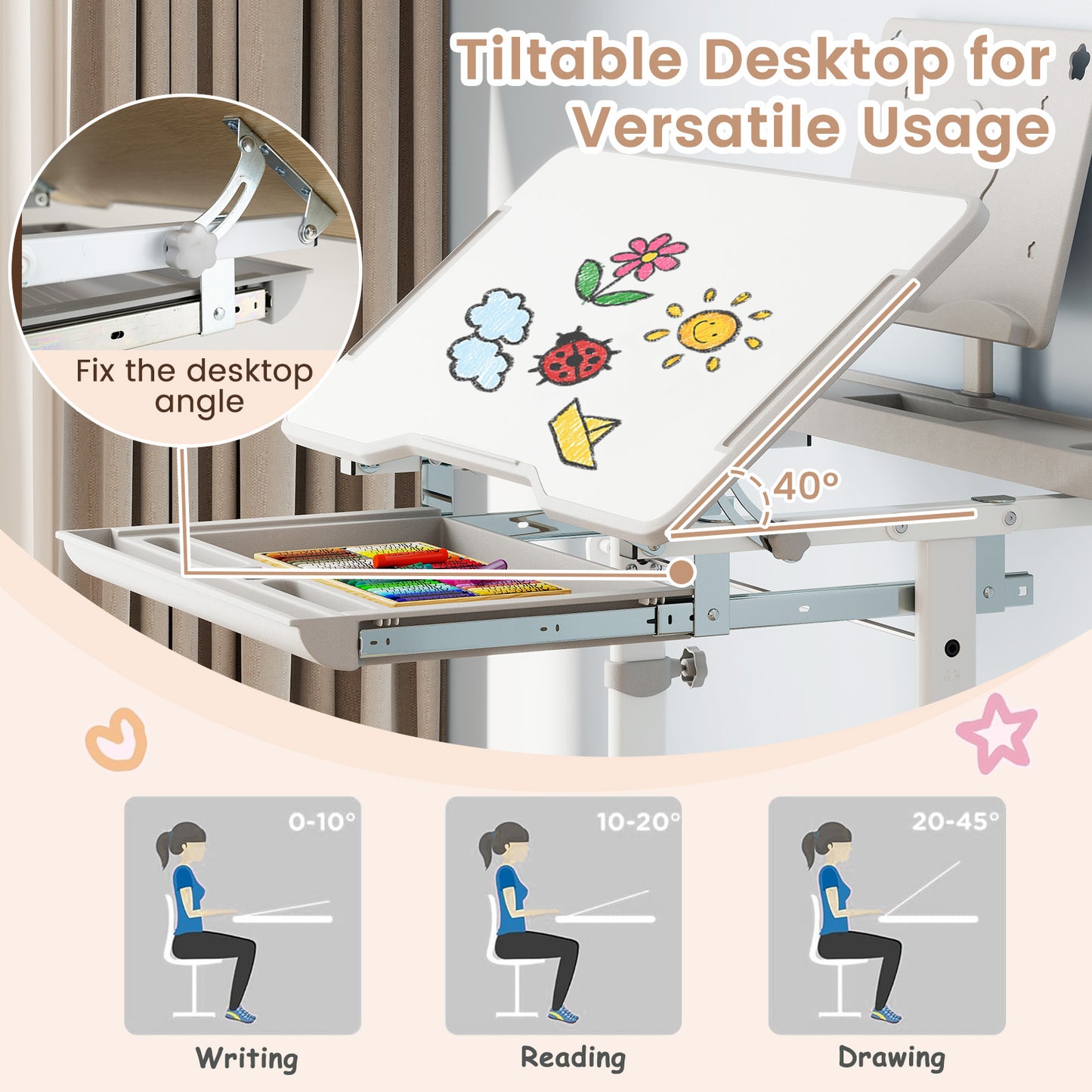 Kids Study Desk and Chair Set with Adjustable Height