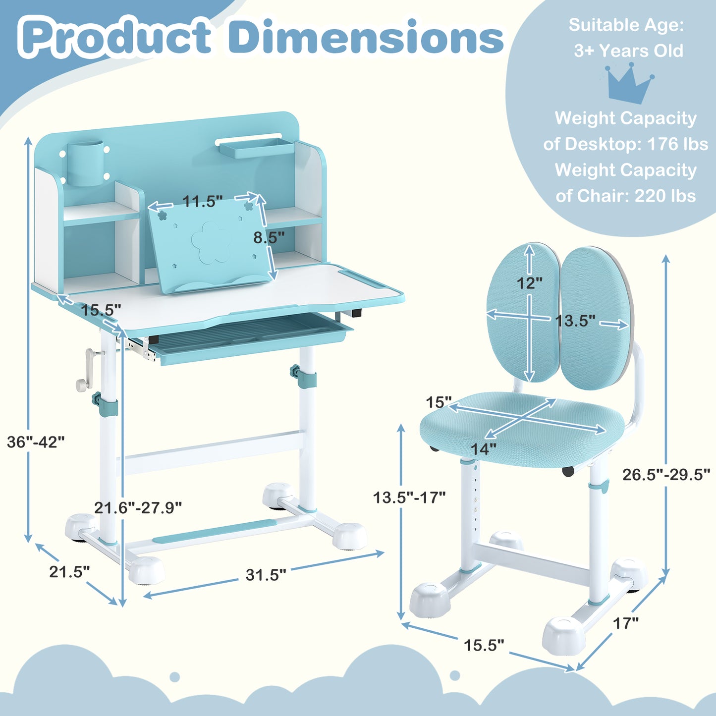 Kids Study Desk and Chair Set with Tilt Desktop