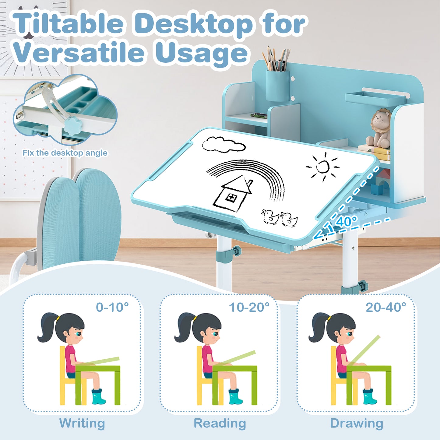 Kids Study Desk and Chair Set with Tilt Desktop
