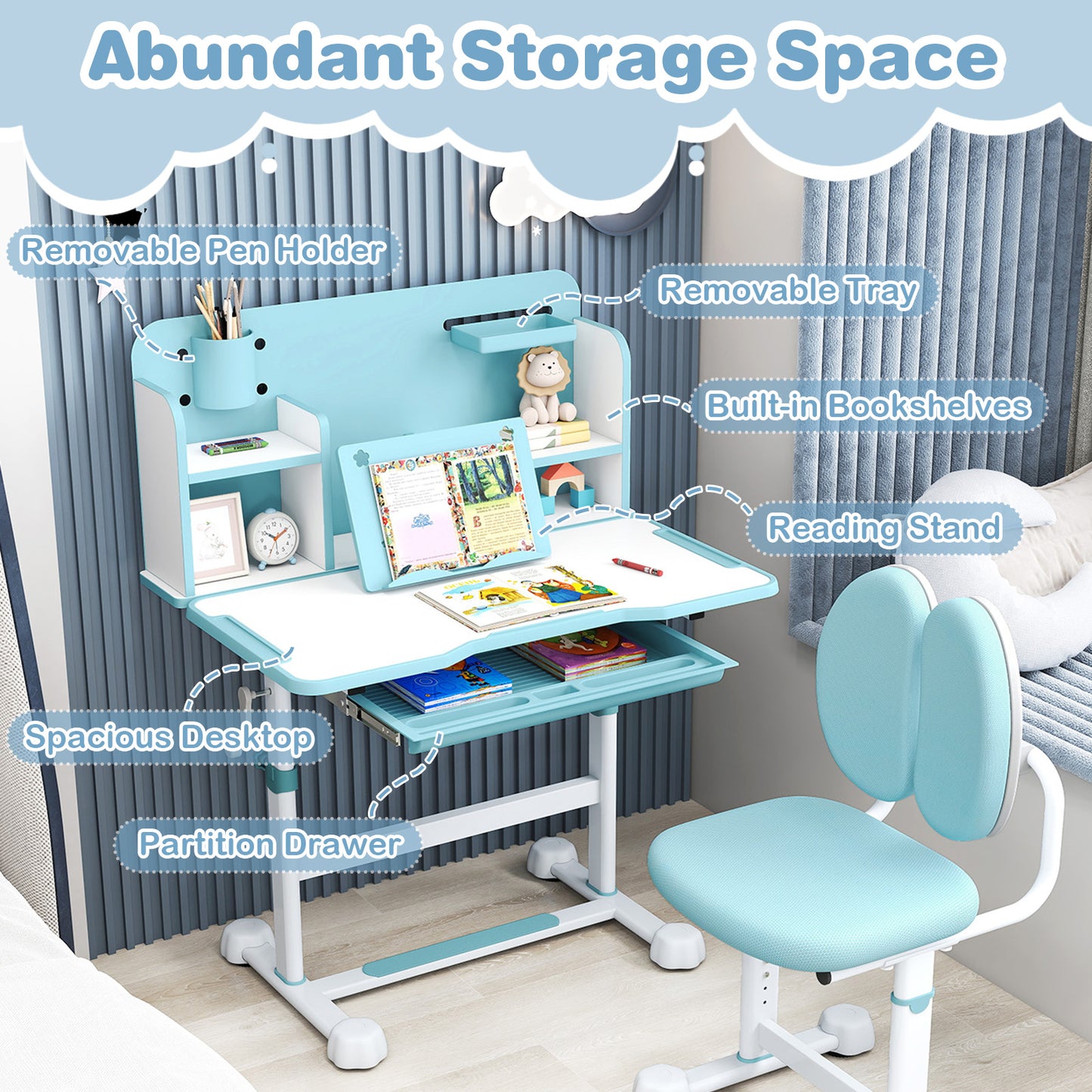 Kids Study Desk and Chair Set with Tilt Desktop