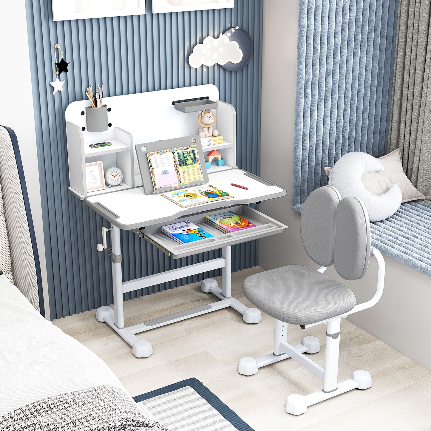 Kids Study Desk and Chair Set with Tilt Desktop