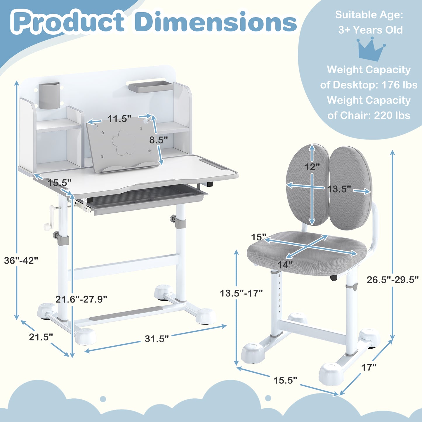 Kids Study Desk and Chair Set with Tilt Desktop
