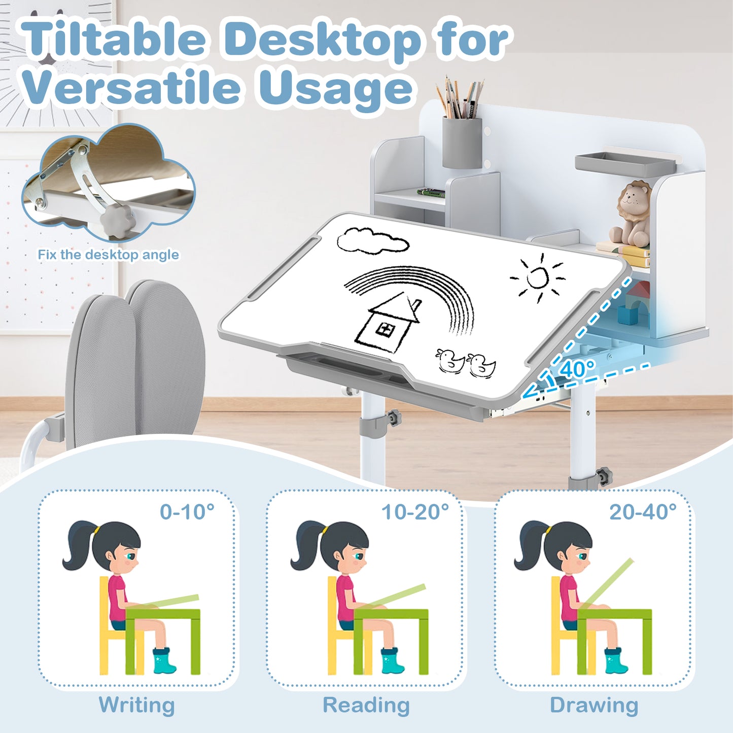 Kids Study Desk and Chair Set with Tilt Desktop