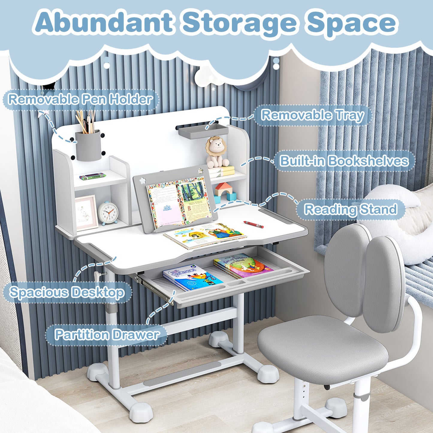 Kids Study Desk and Chair Set with Tilt Desktop