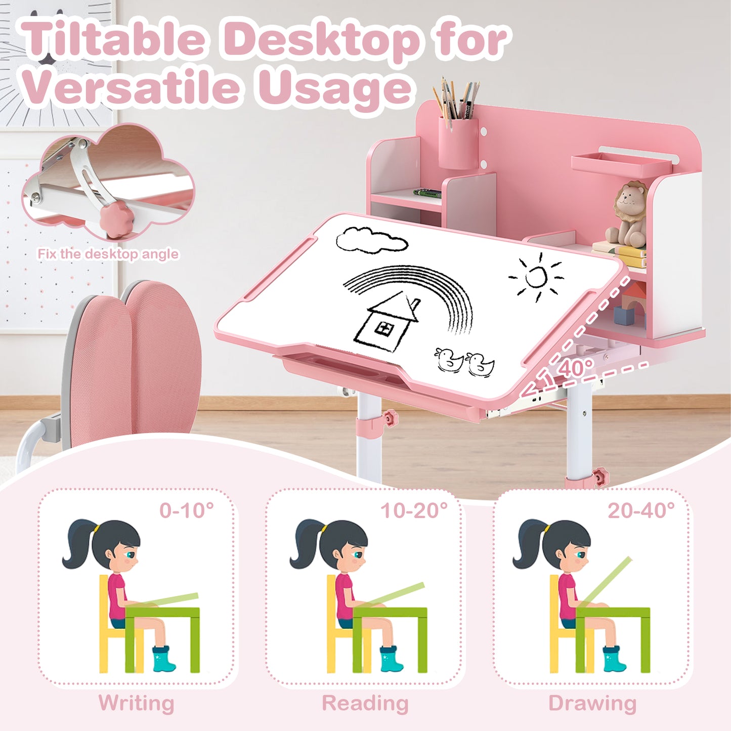 Kids Study Desk and Chair Set with Tilt Desktop