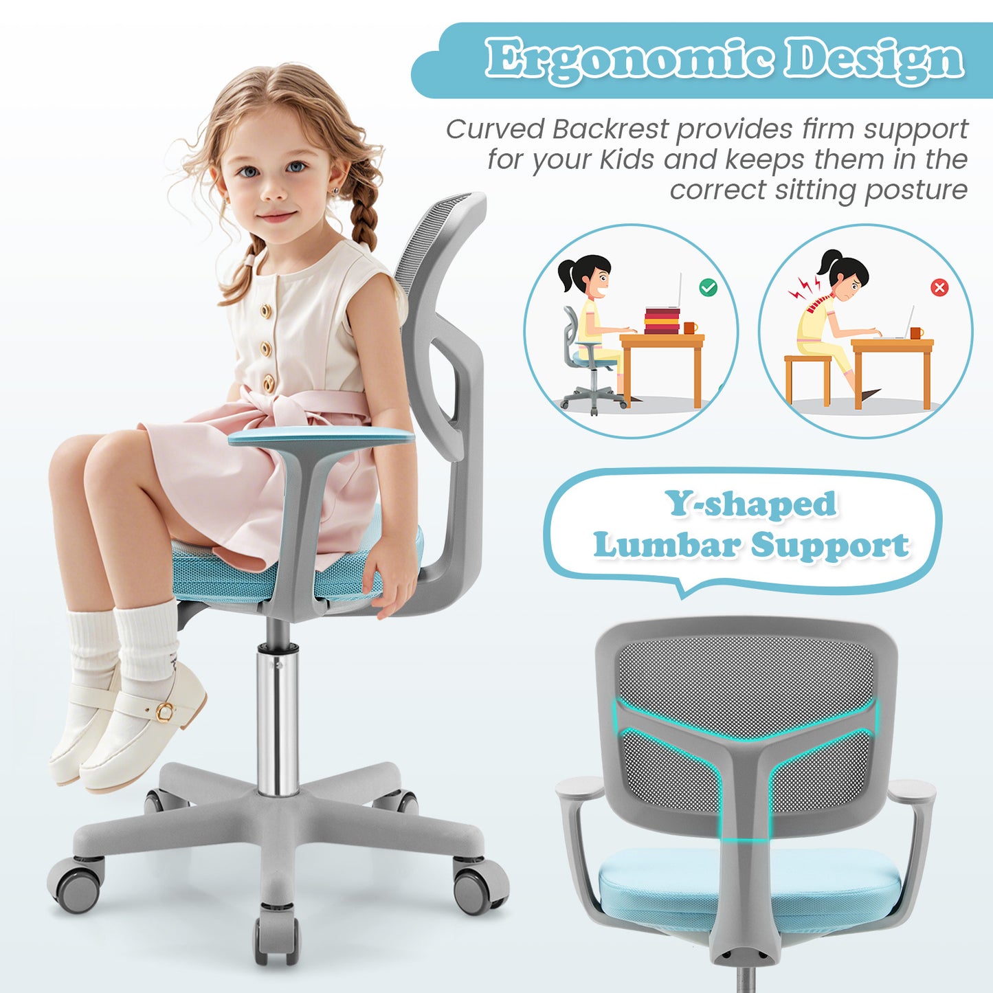 Kids Adjustable Desk Chair with Auto Brake Casters