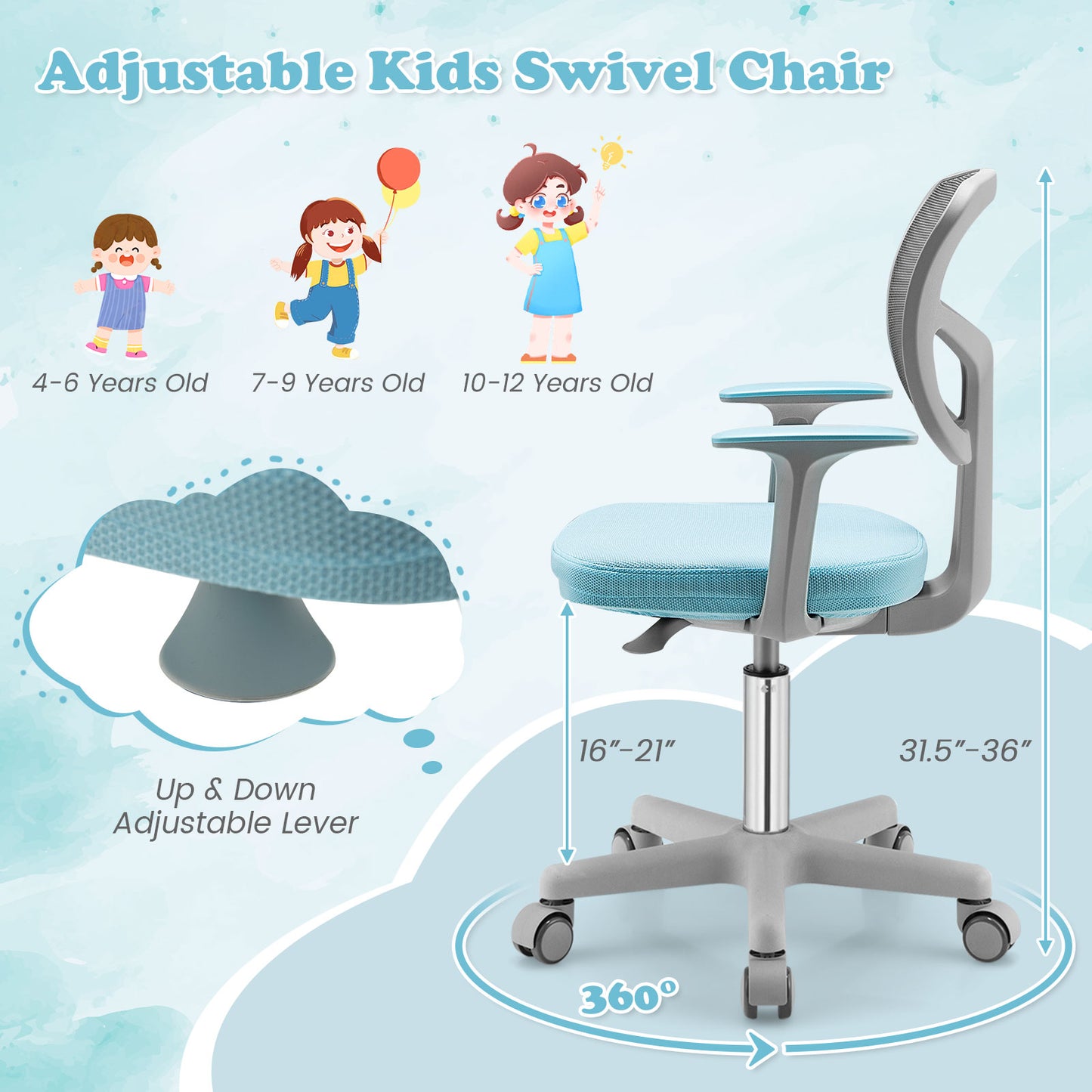 Kids Adjustable Desk Chair with Auto Brake Casters