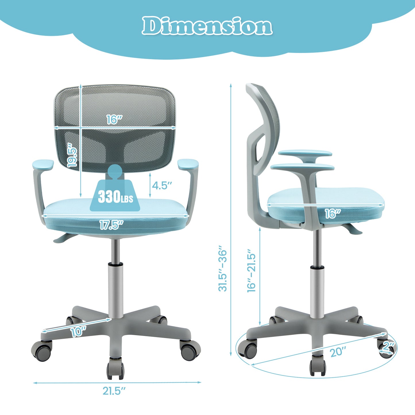 Kids Adjustable Desk Chair with Auto Brake Casters