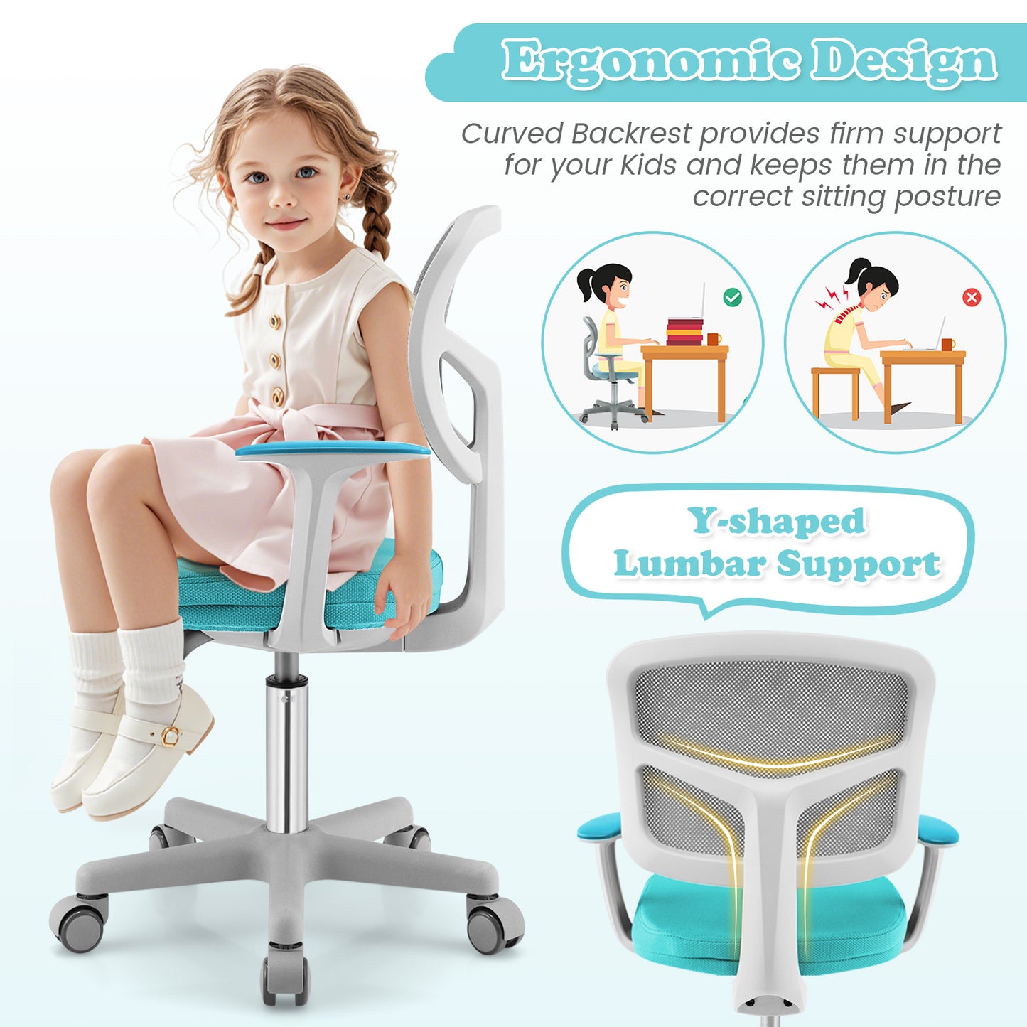 Kids Adjustable Desk Chair with Auto Brake Casters