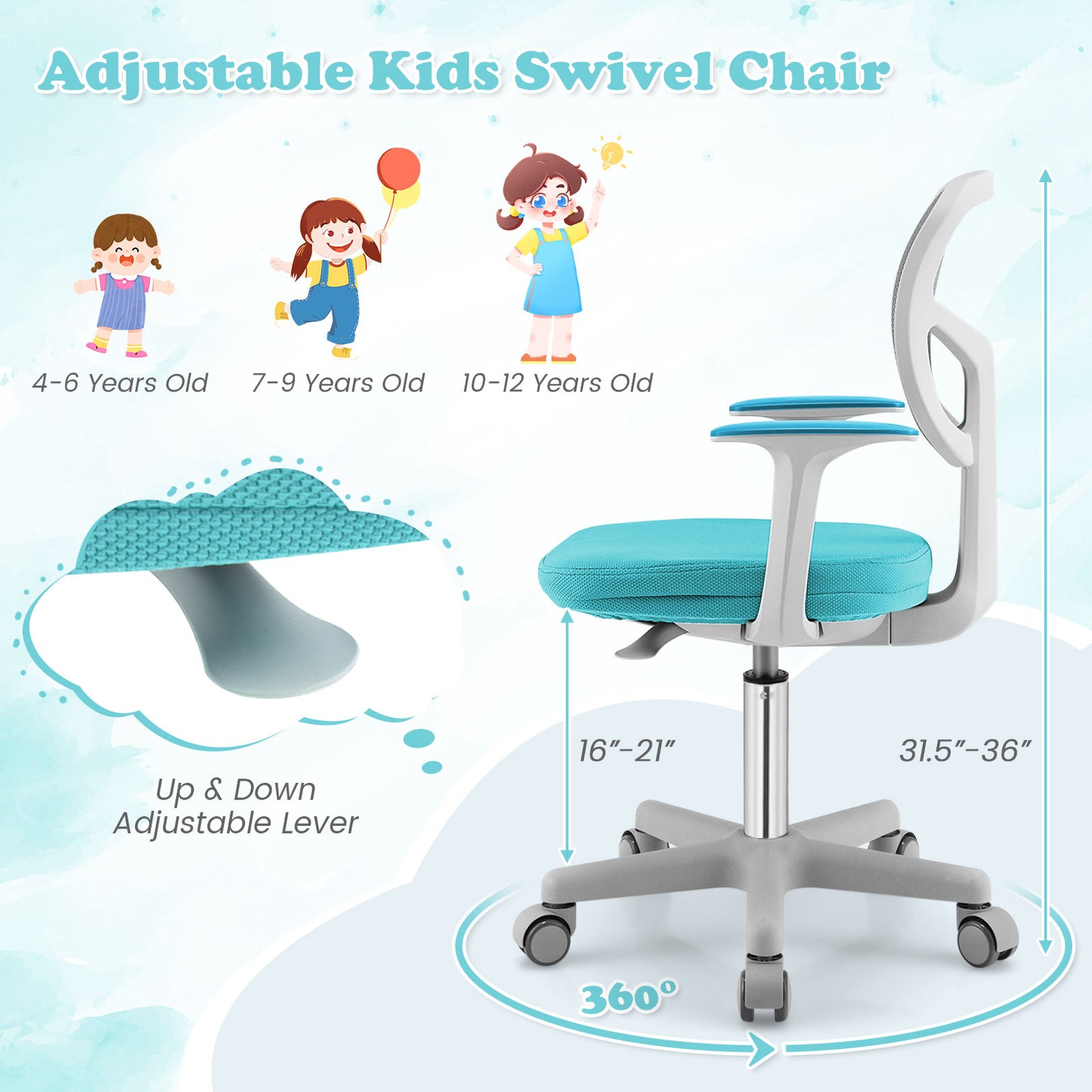 Kids Adjustable Desk Chair with Auto Brake Casters