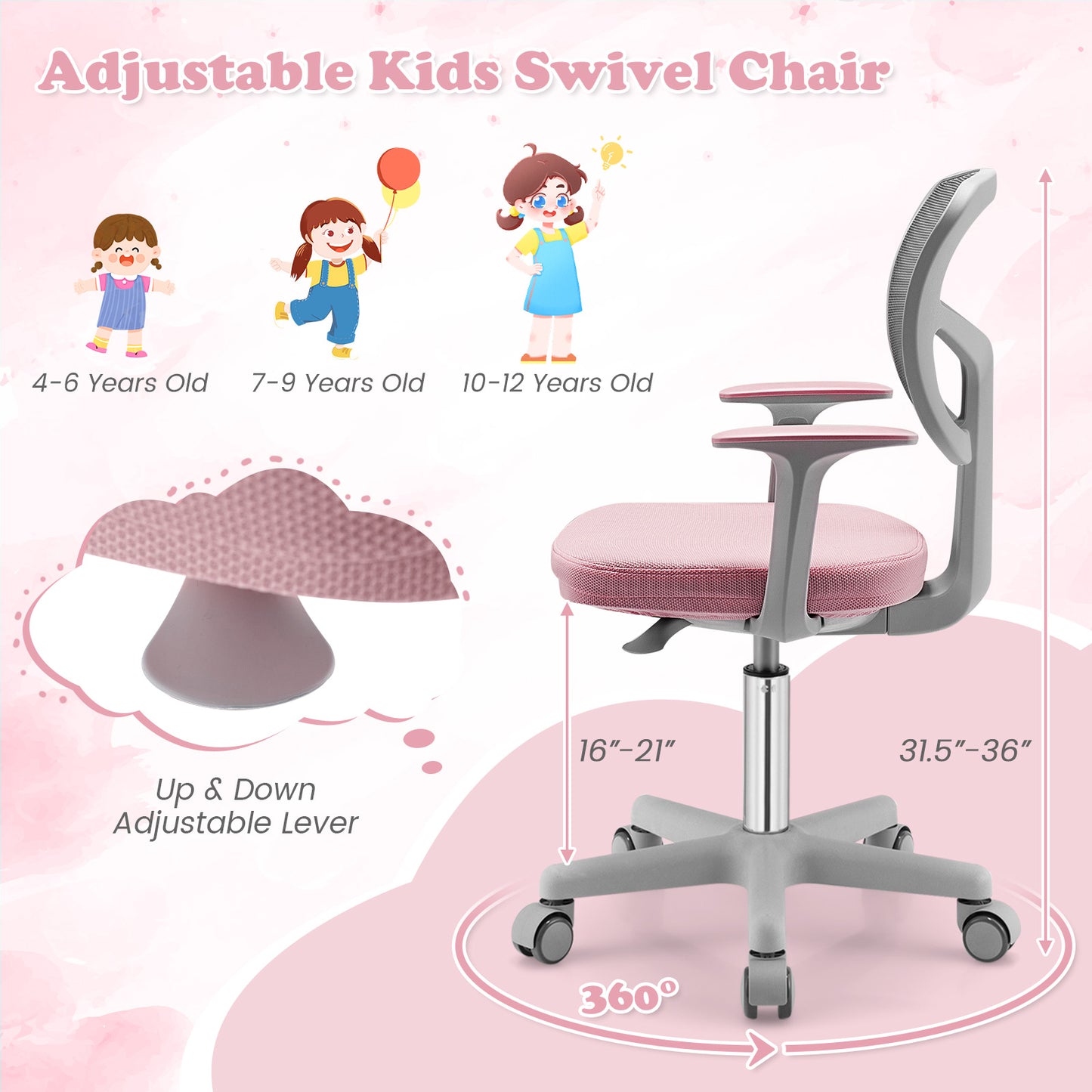 Kids Adjustable Desk Chair with Auto Brake Casters