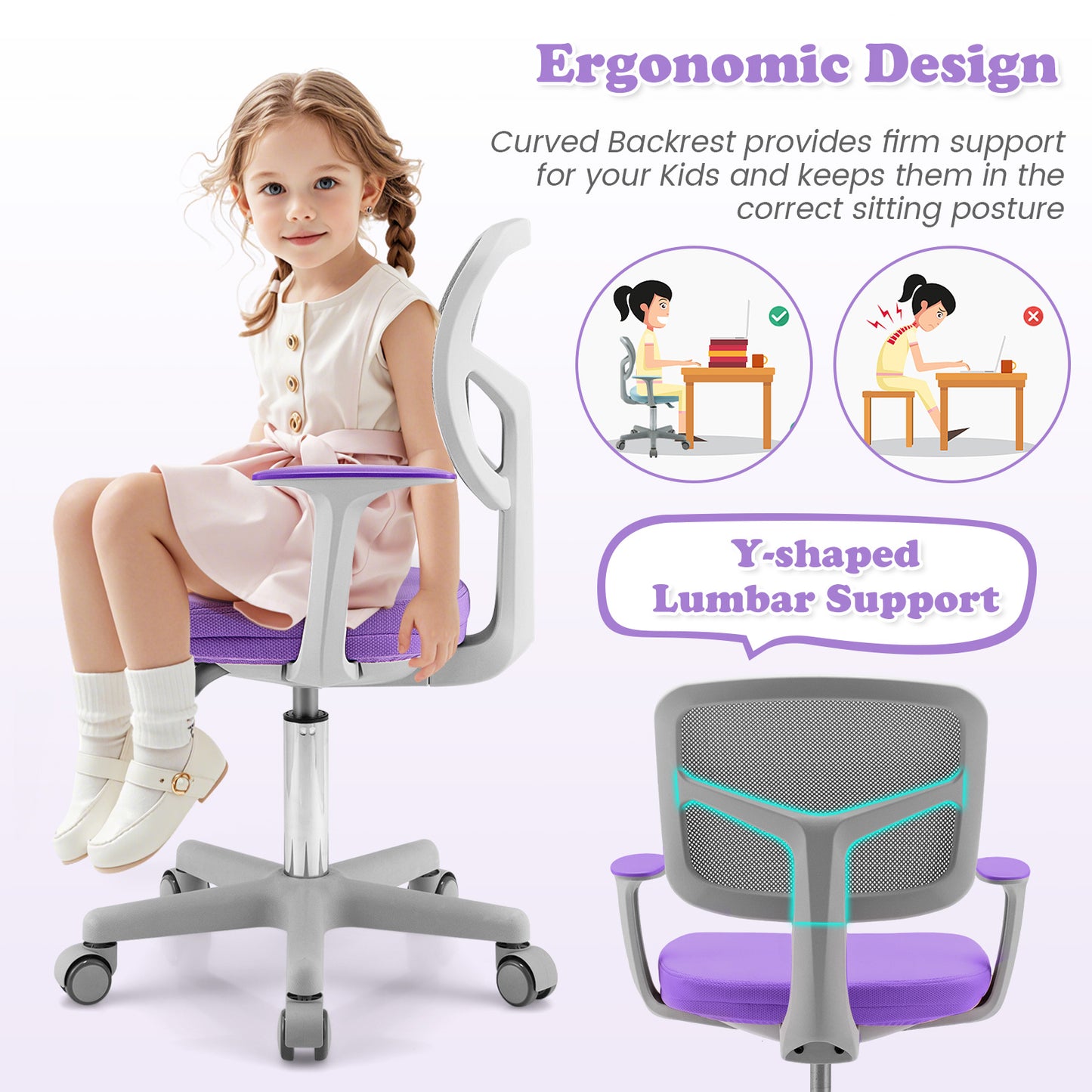 Kids Adjustable Desk Chair with Auto Brake Casters