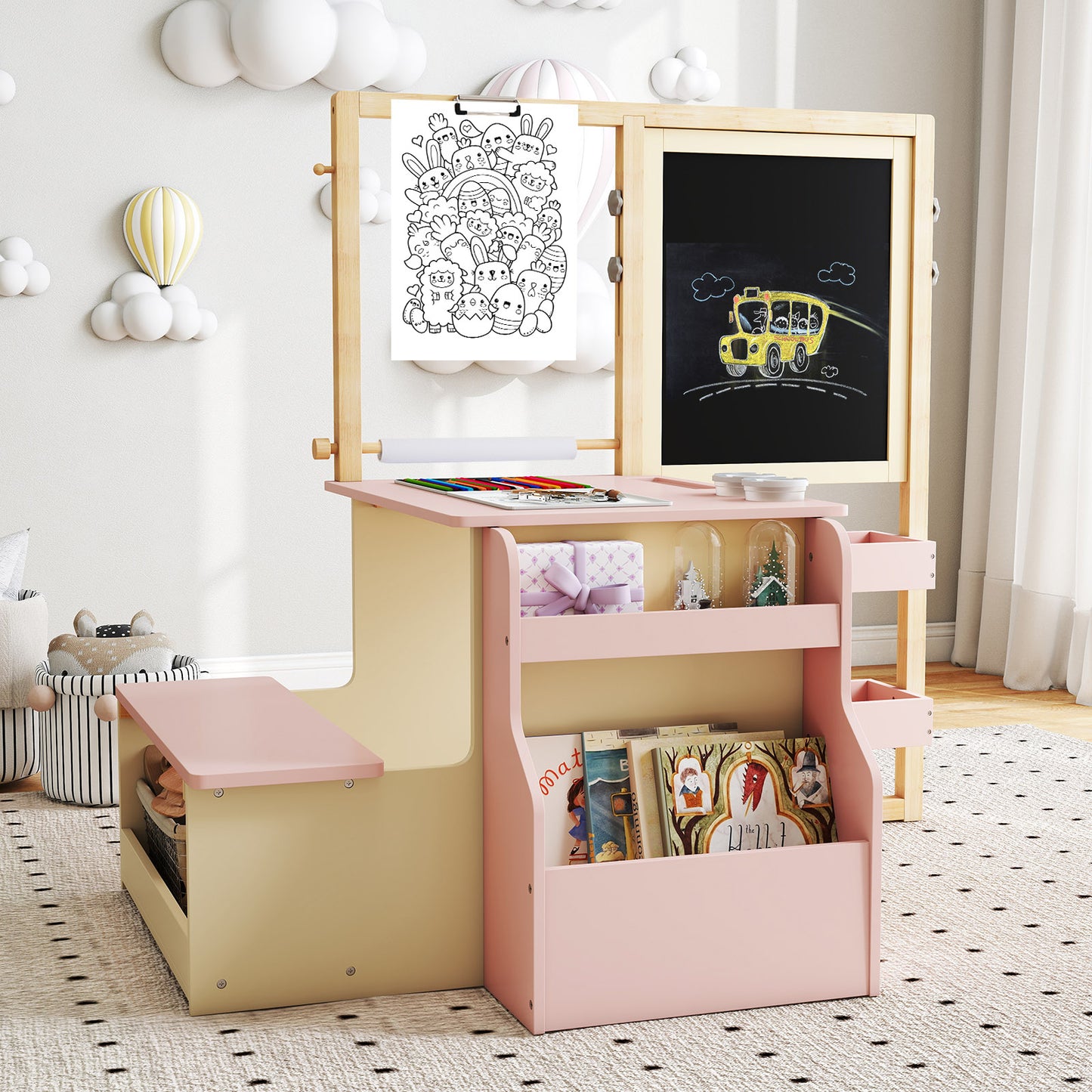 Kids Art Center Wooden Table & Bench Set with Storage