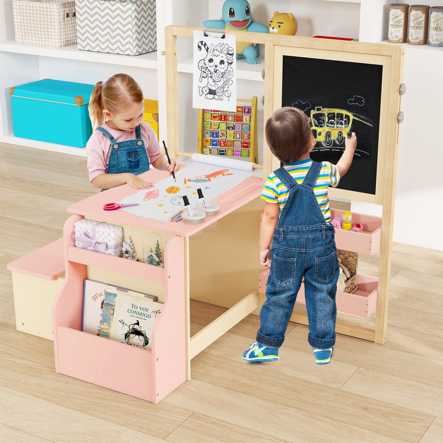 Kids Art Center Wooden Table & Bench Set with Storage