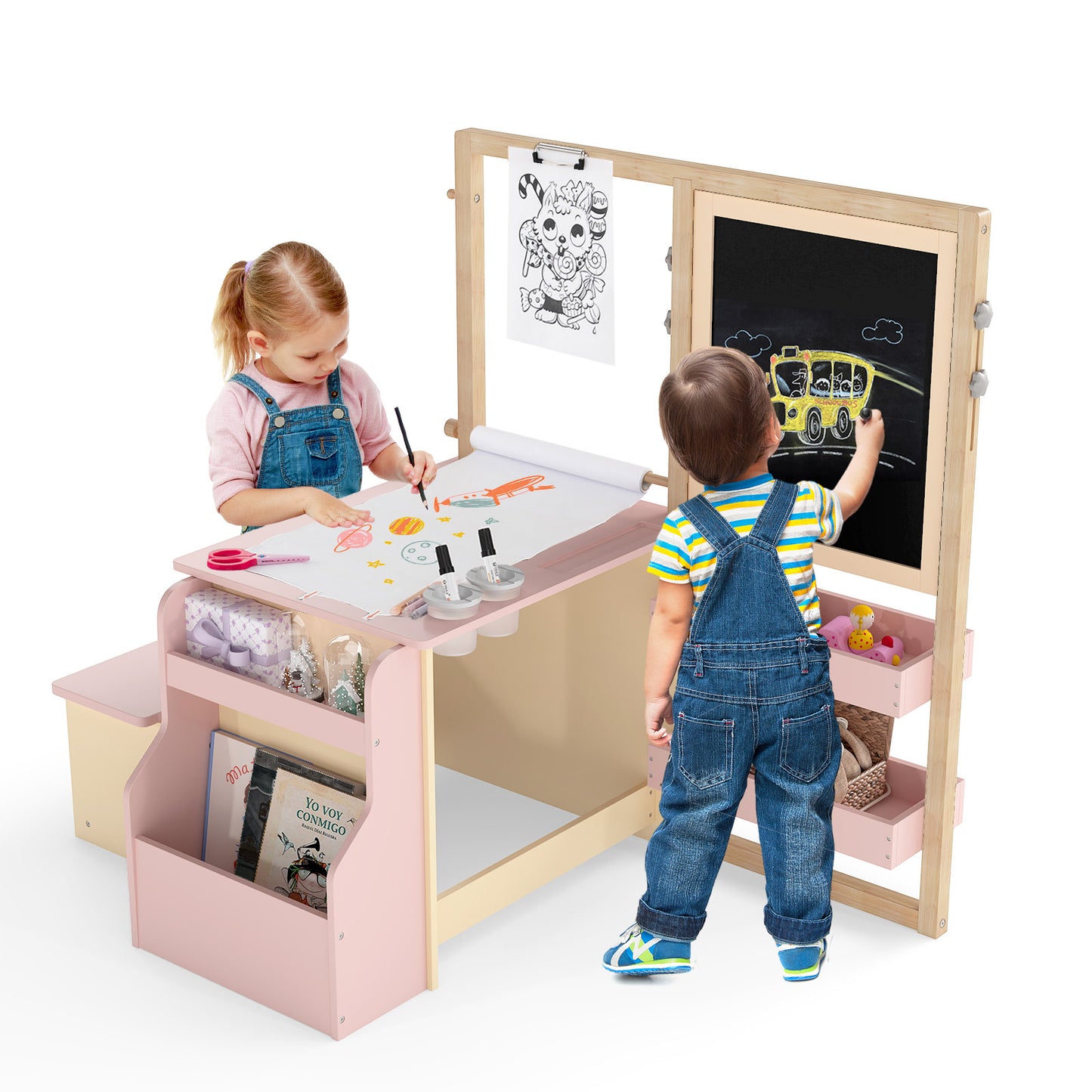 Kids Art Center Wooden Table & Bench Set with Storage