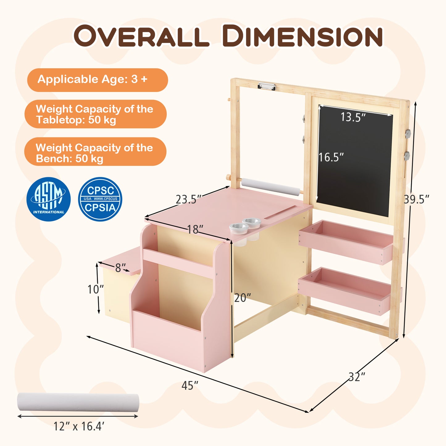 Kids Art Center Wooden Table & Bench Set with Storage