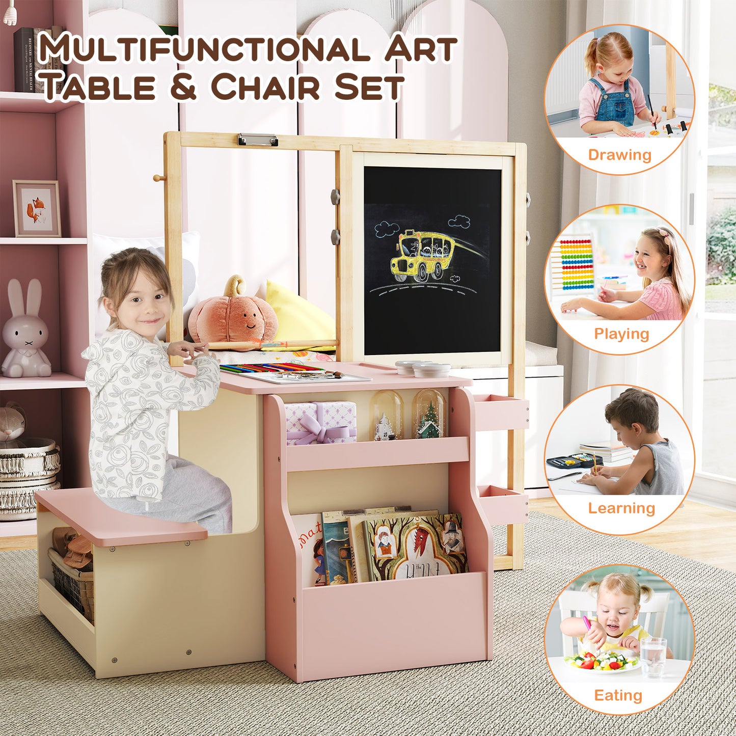 Kids Art Center Wooden Table & Bench Set with Storage