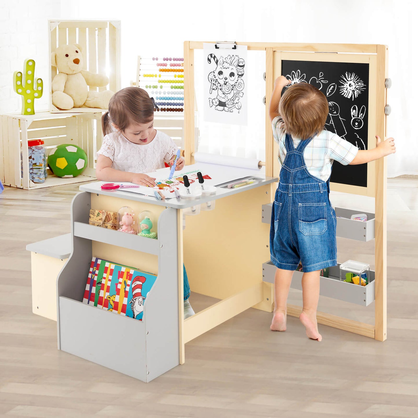 Kids Art Center Wooden Table & Bench Set with Storage