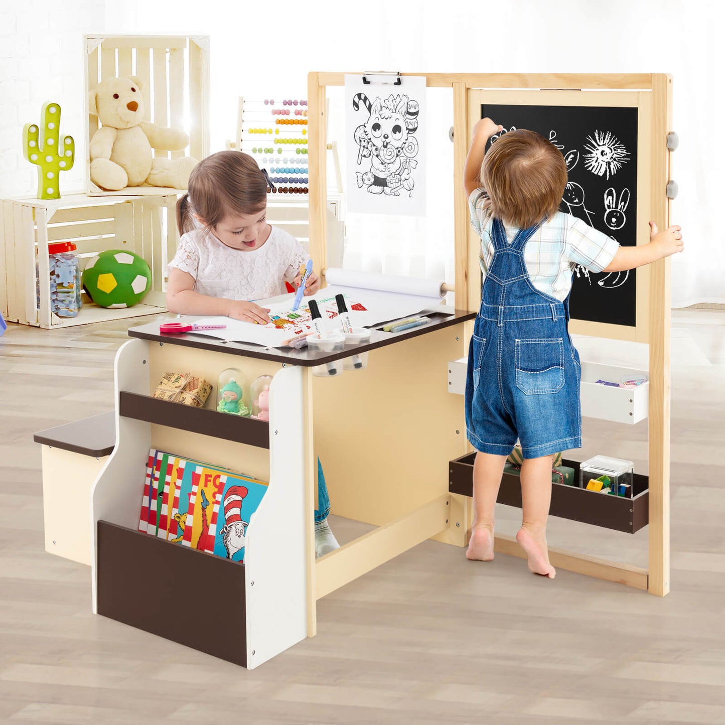 Kids Art Center Wooden Table & Bench Set with Storage