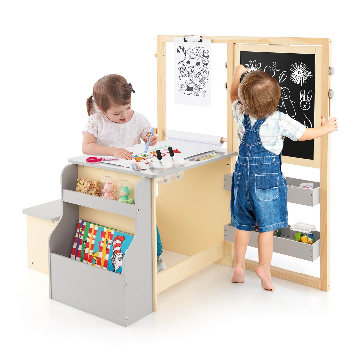 Kids Art Center Wooden Table & Bench Set with Storage