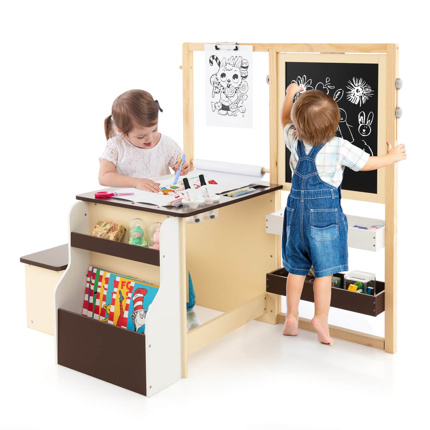 Kids Art Center Wooden Table & Bench Set with Storage