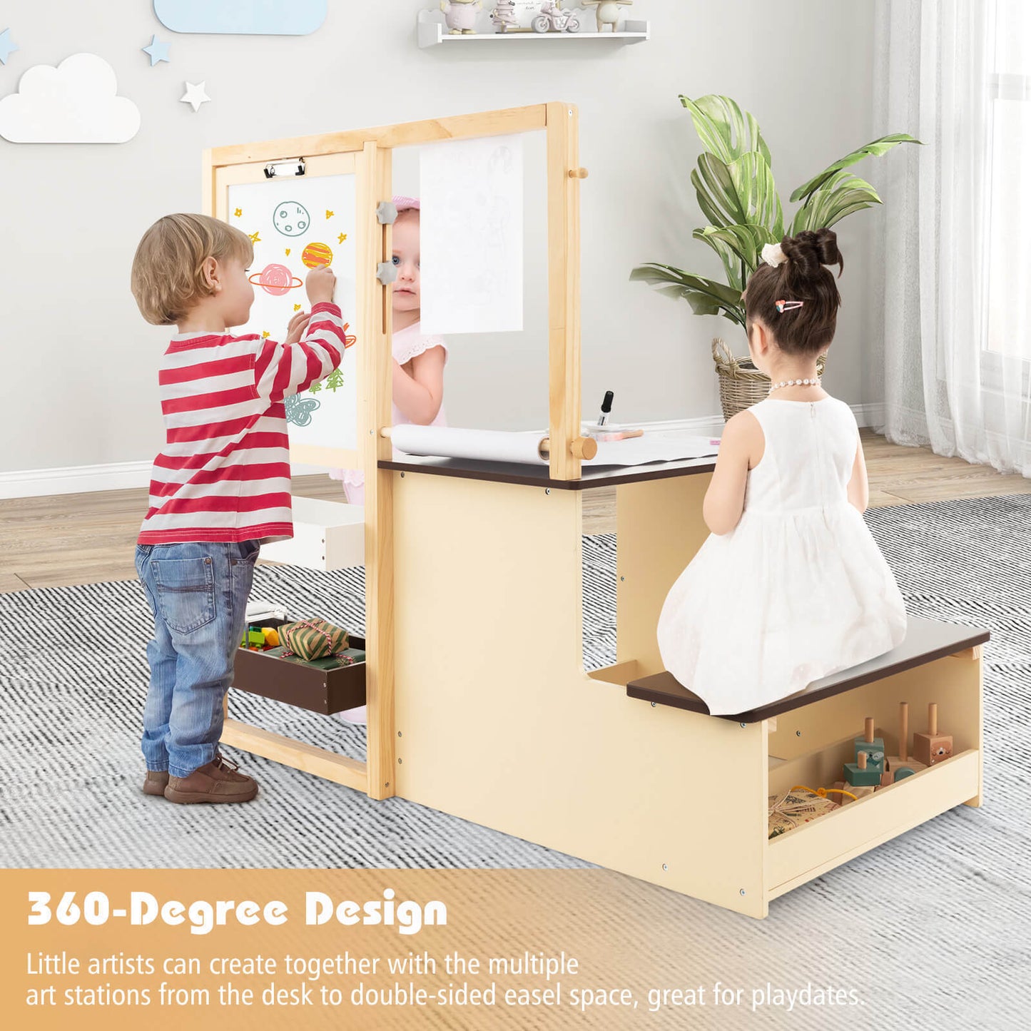 Kids Art Center Wooden Table & Bench Set with Storage