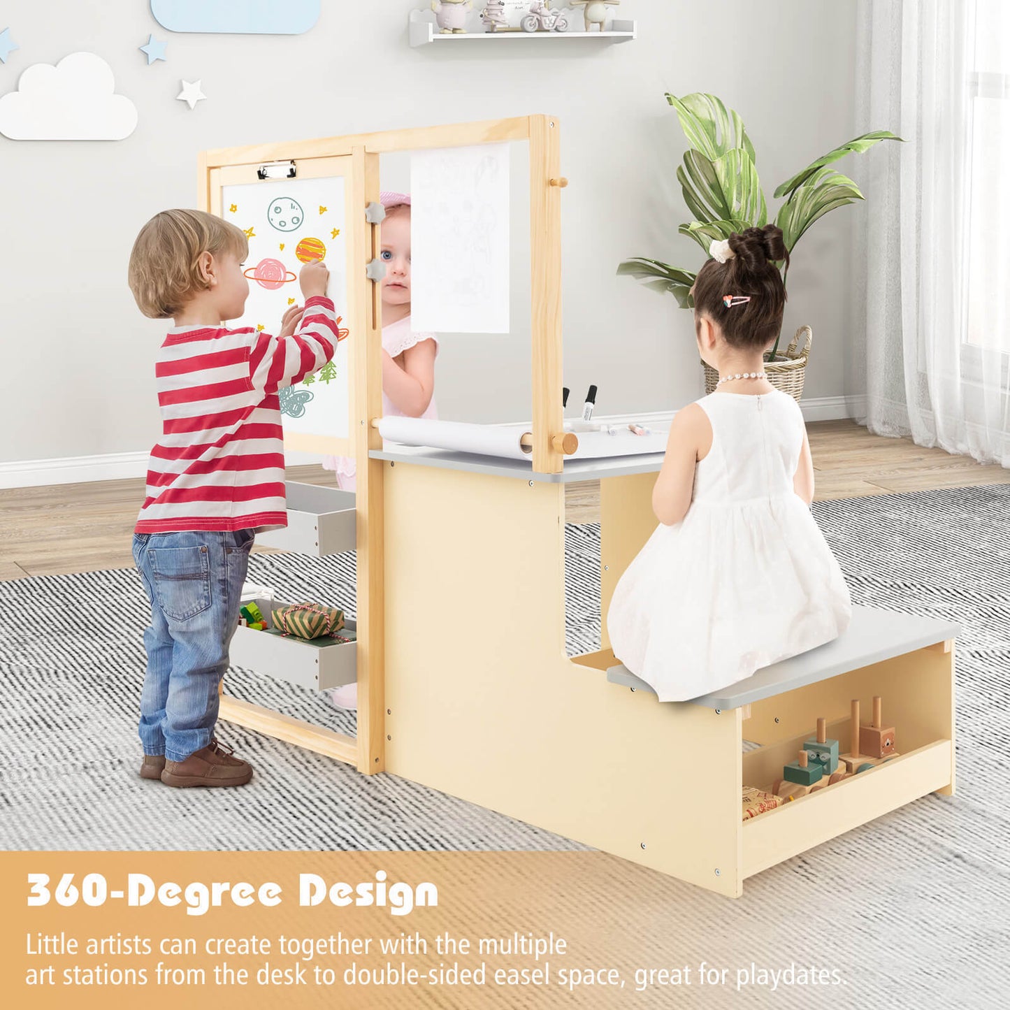 Kids Art Center Wooden Table & Bench Set with Storage
