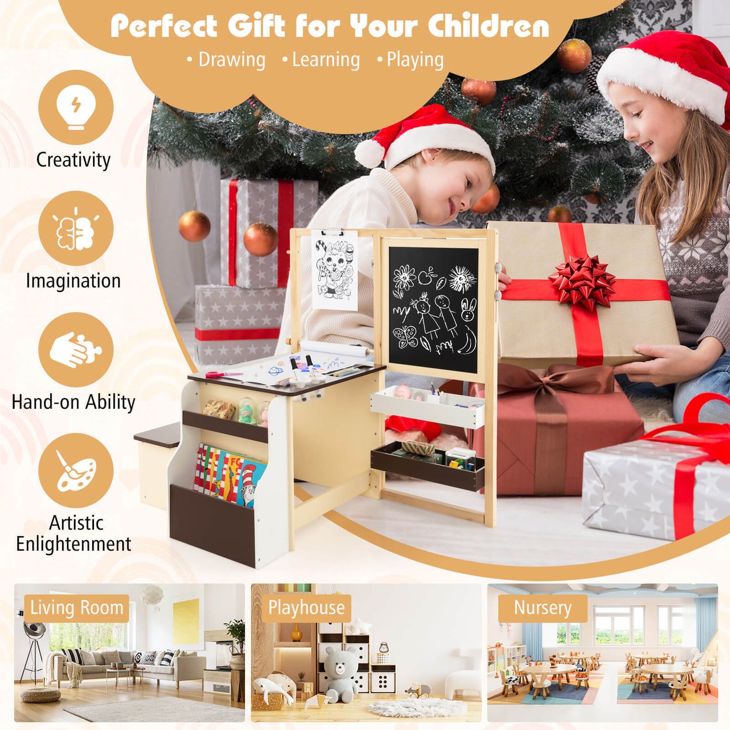 Kids Art Center Wooden Table & Bench Set with Storage
