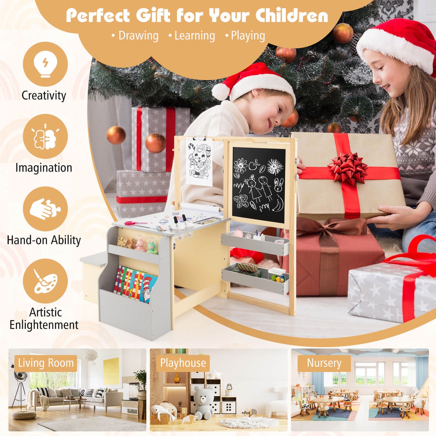 Kids Art Center Wooden Table & Bench Set with Storage