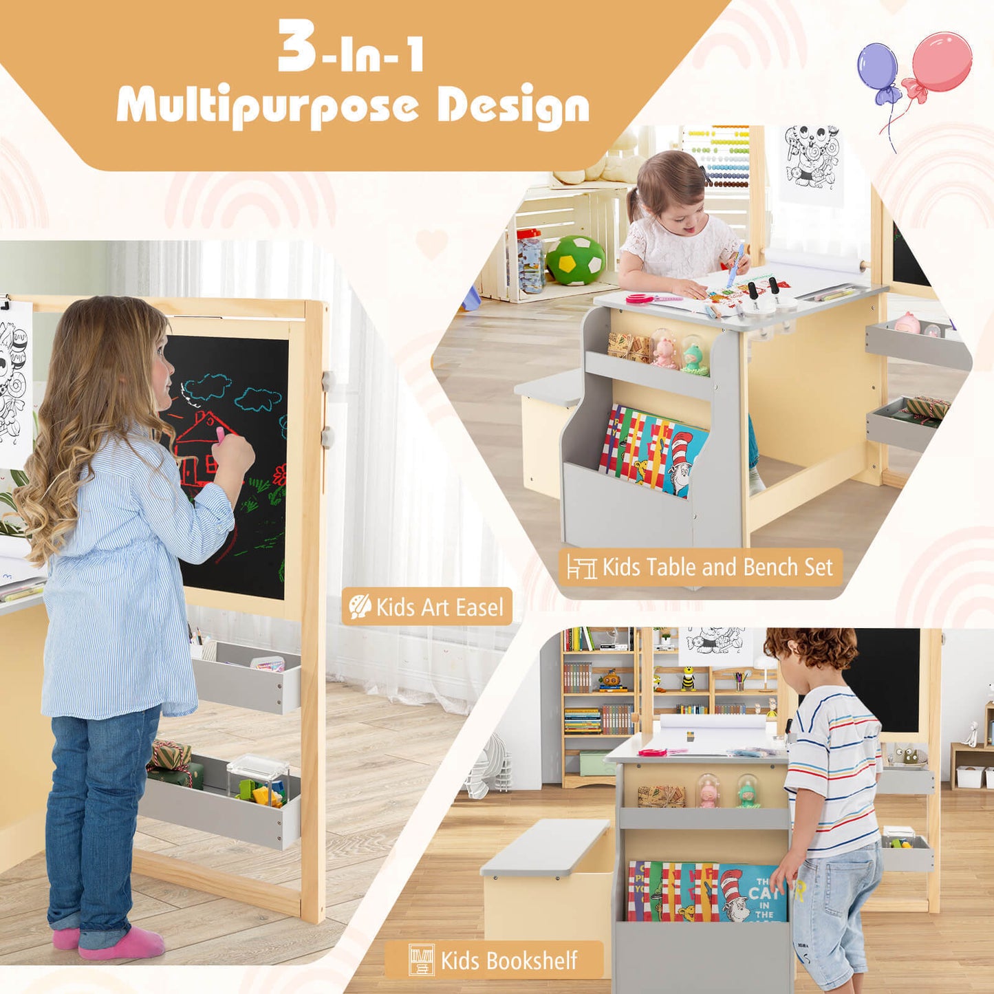 Kids Art Center Wooden Table & Bench Set with Storage