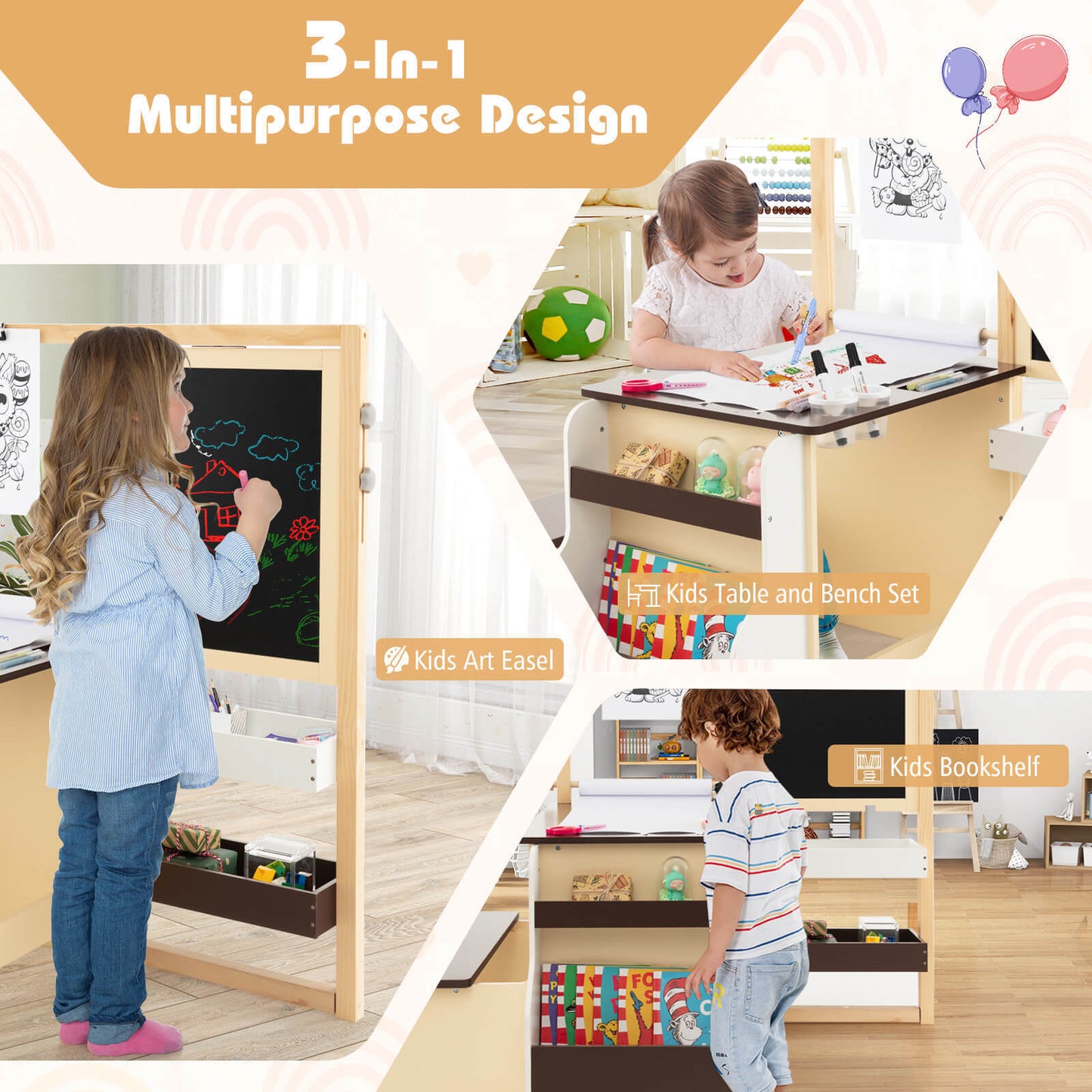 Kids Art Center Wooden Table & Bench Set with Storage