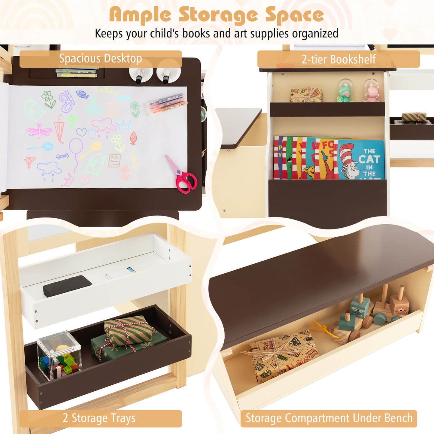 Kids Art Center Wooden Table & Bench Set with Storage