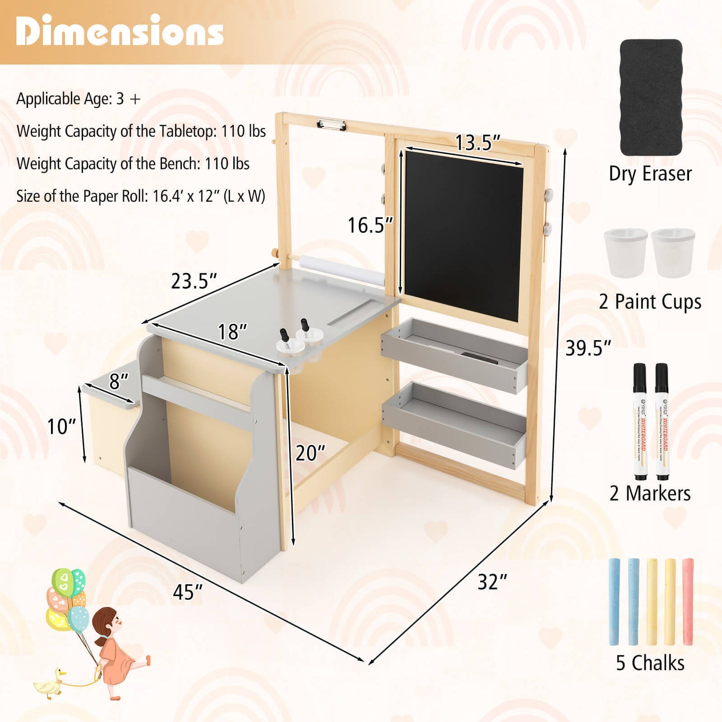 Kids Art Center Wooden Table & Bench Set with Storage