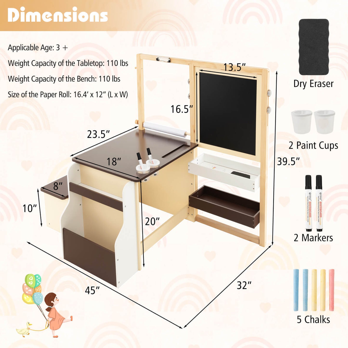 Kids Art Center Wooden Table & Bench Set with Storage