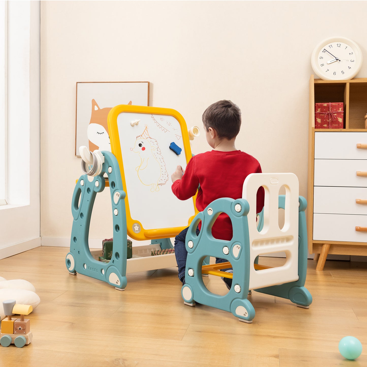 Kids Art Easel with Chair and Adjustable Whiteboard