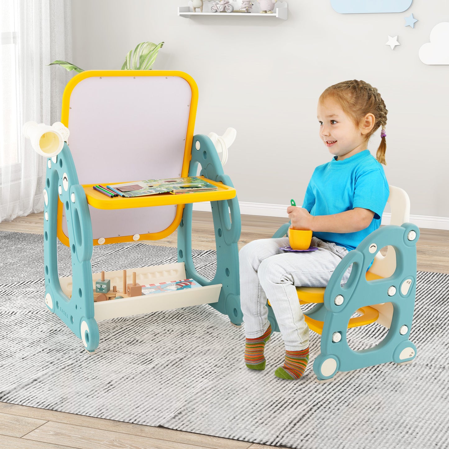 Kids Art Easel with Chair and Adjustable Whiteboard