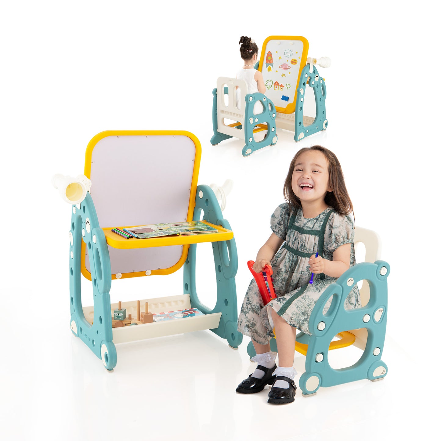 Kids Art Easel with Chair and Adjustable Whiteboard