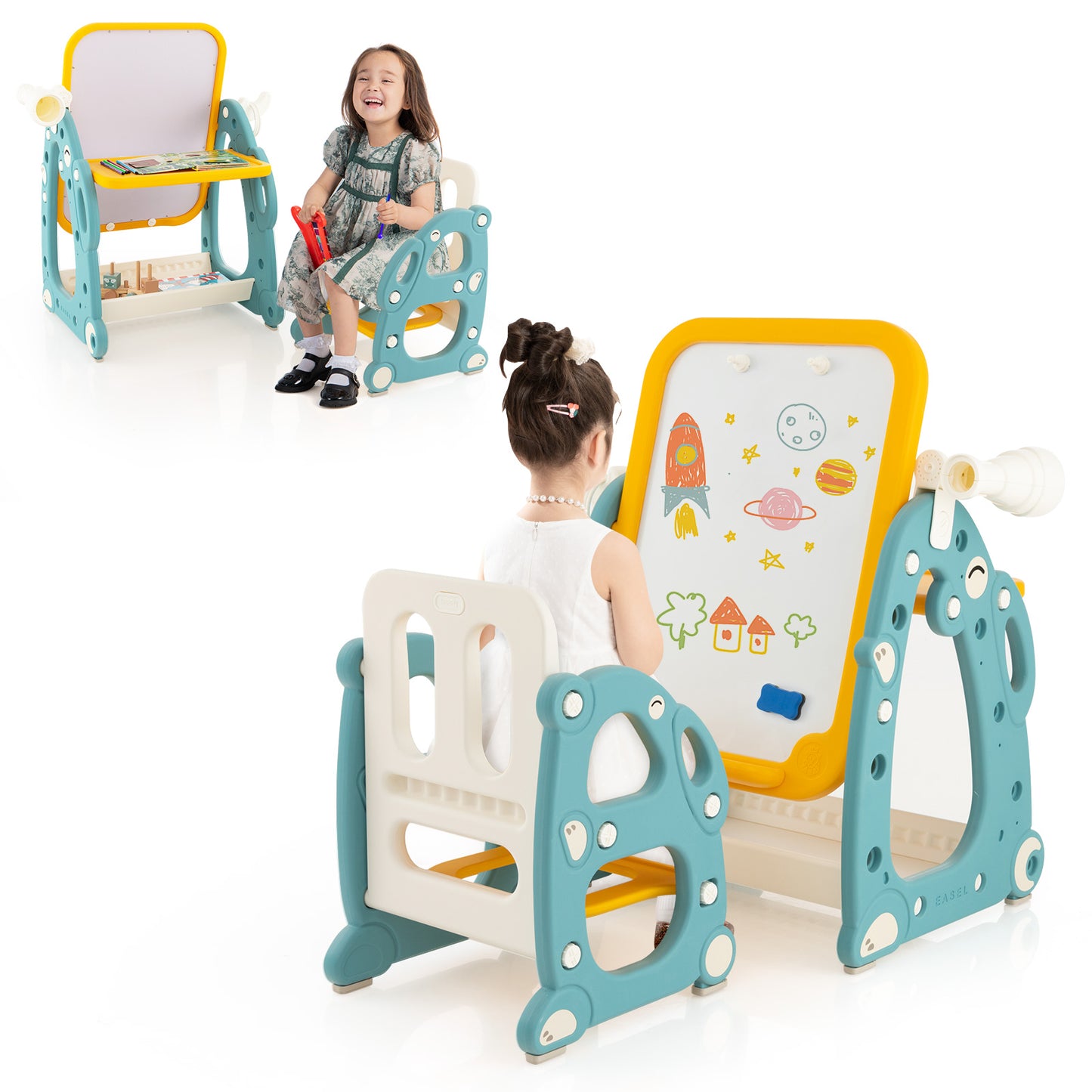 Kids Art Easel with Chair and Adjustable Whiteboard