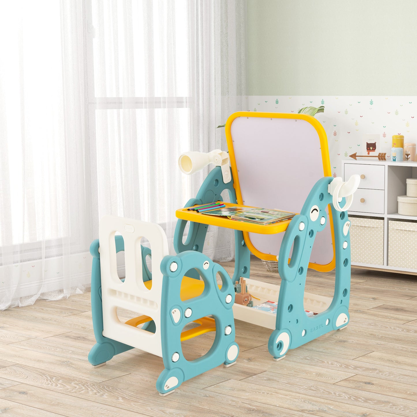 Kids Art Easel with Chair and Adjustable Whiteboard