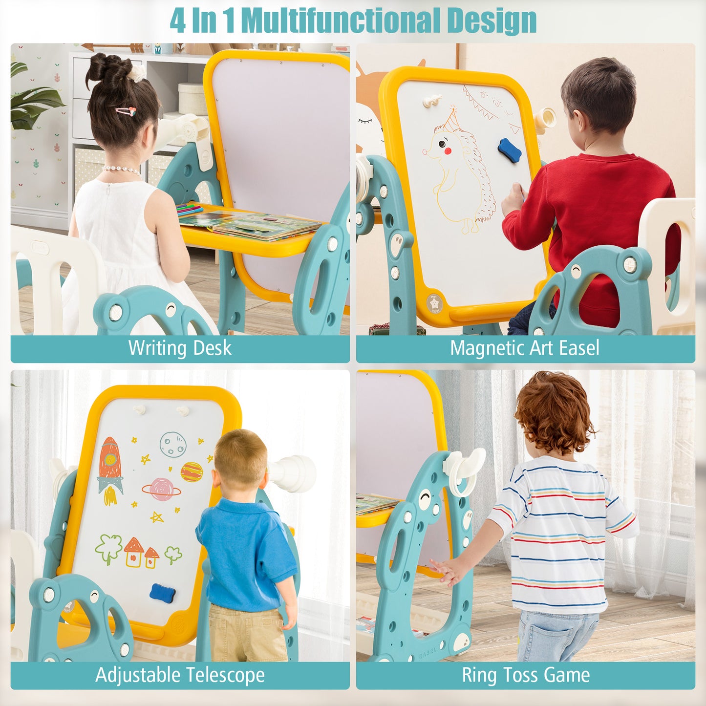 Kids Art Easel with Chair and Adjustable Whiteboard