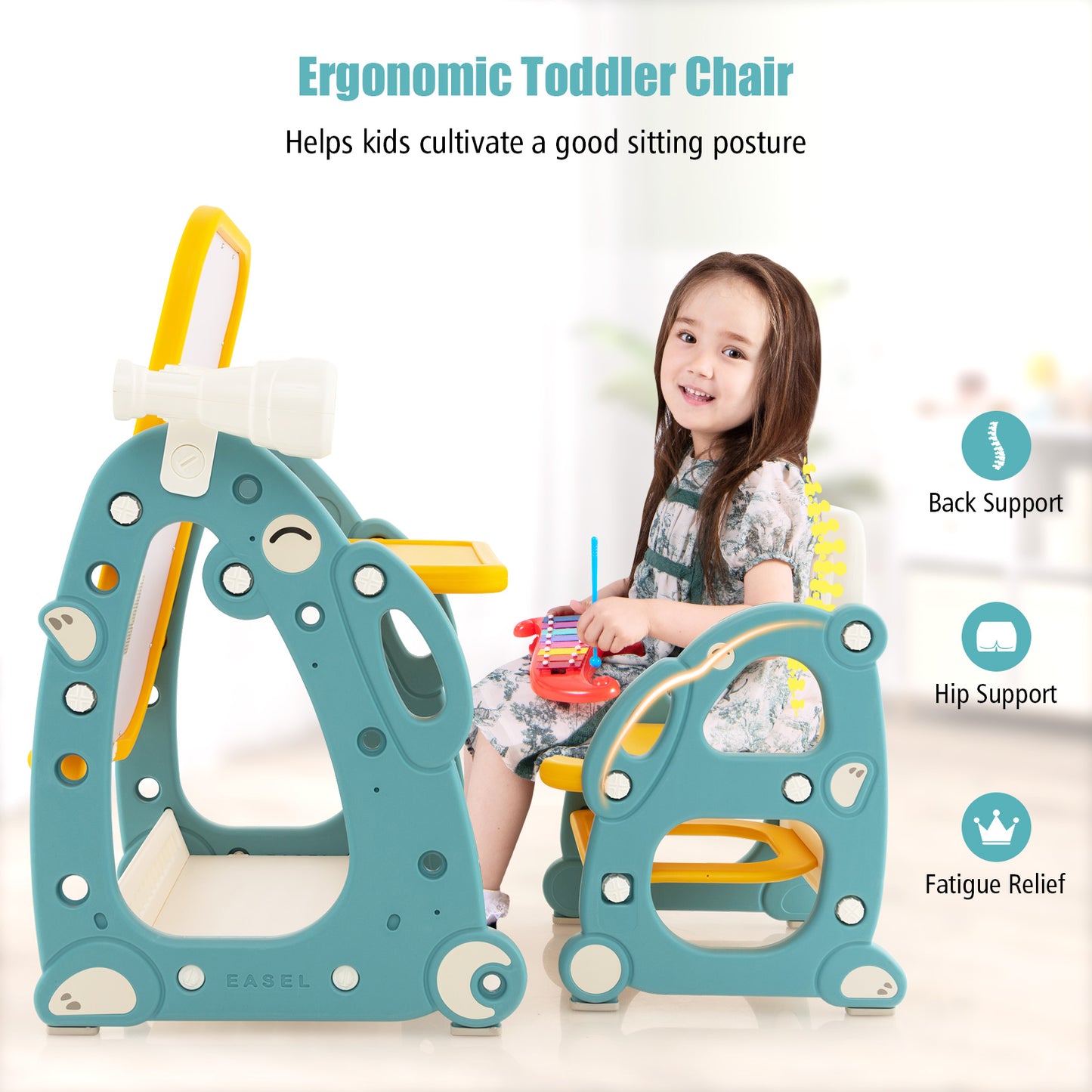 Kids Art Easel with Chair and Adjustable Whiteboard