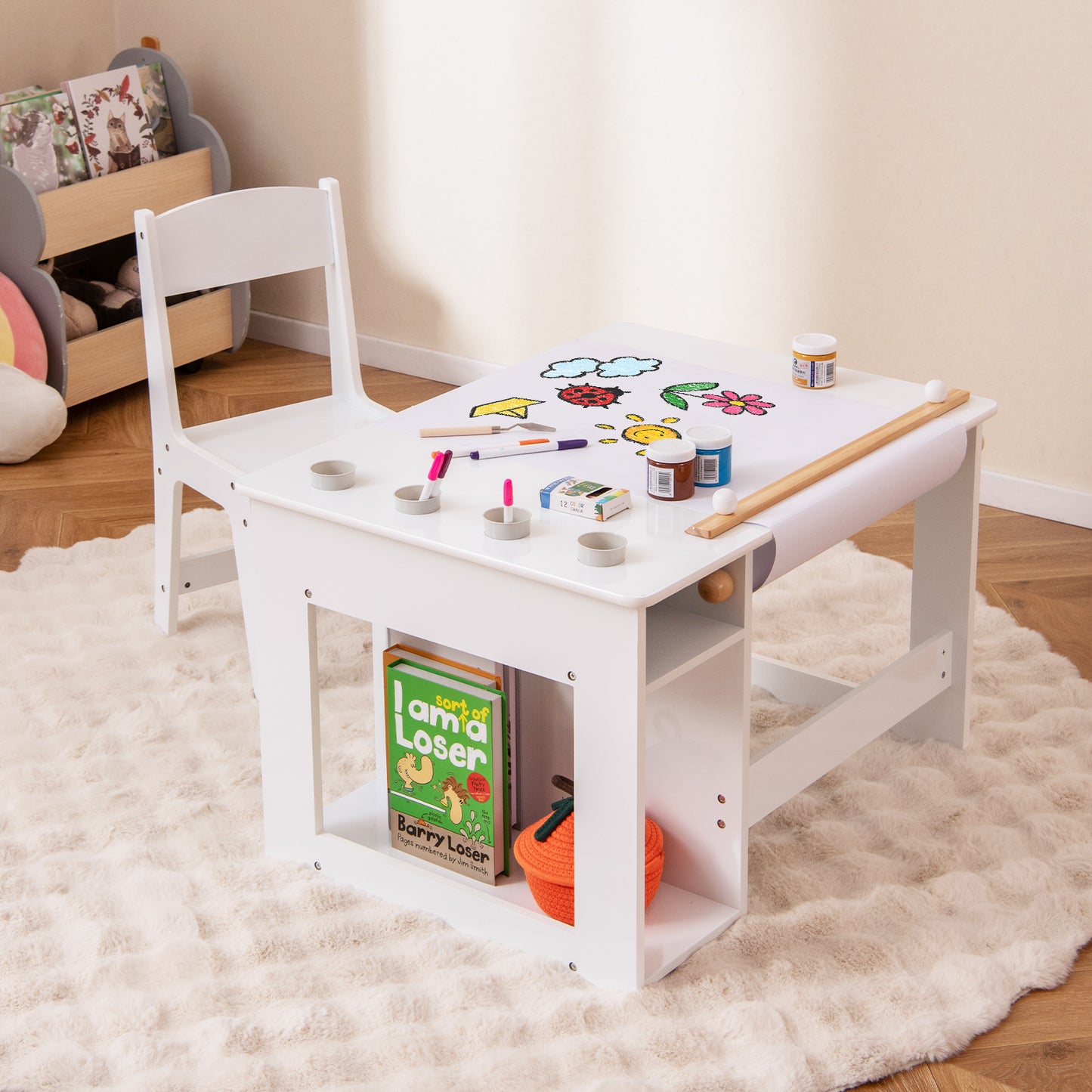 Kids Art Table and Chair Set with Paper Roll and Storage