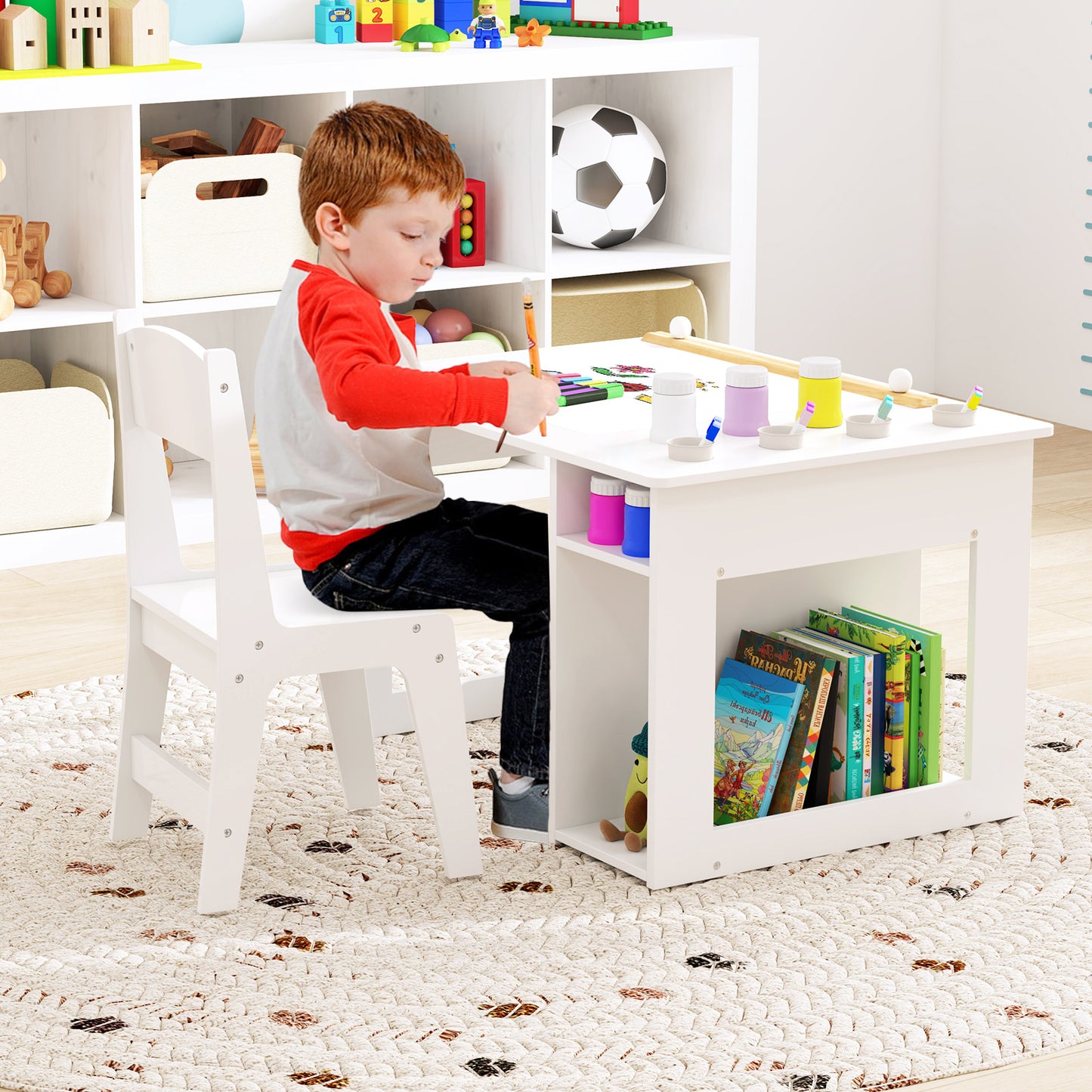 Kids Art Table and Chair Set with Paper Roll and Storage