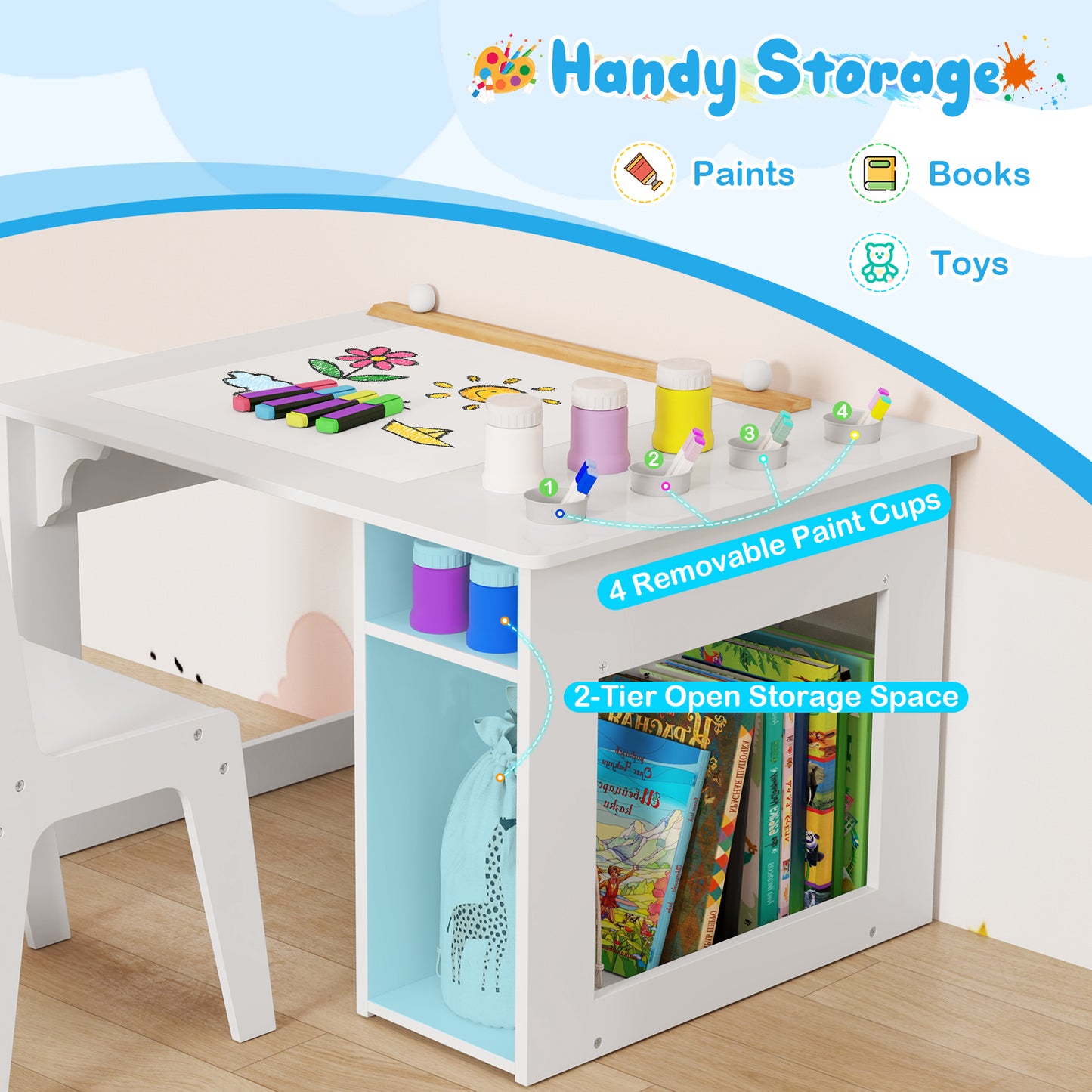 Kids Art Table and Chair Set with Paper Roll and Storage
